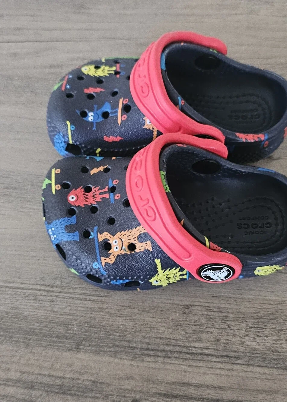 CROCS Kids Black Clogs with Red Strap and Colorful Monster Print Toddler C 4
